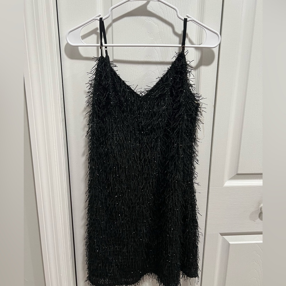 Black shimmer fringe dress
